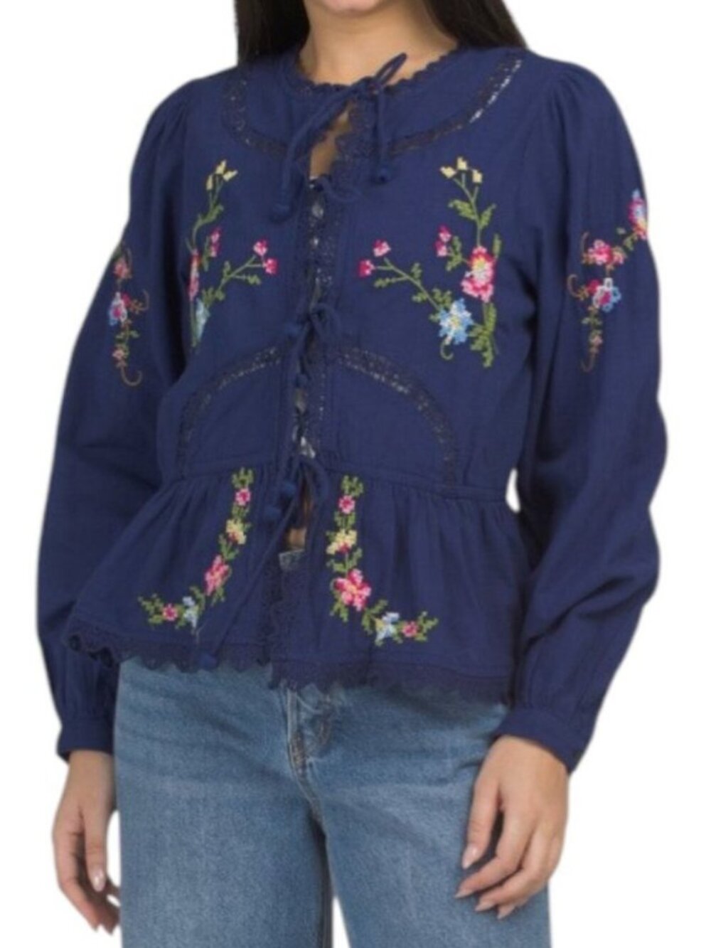 Jennifer & Grace Cross Stitch Embroidered Lace Long Sleeve Blouse : Small